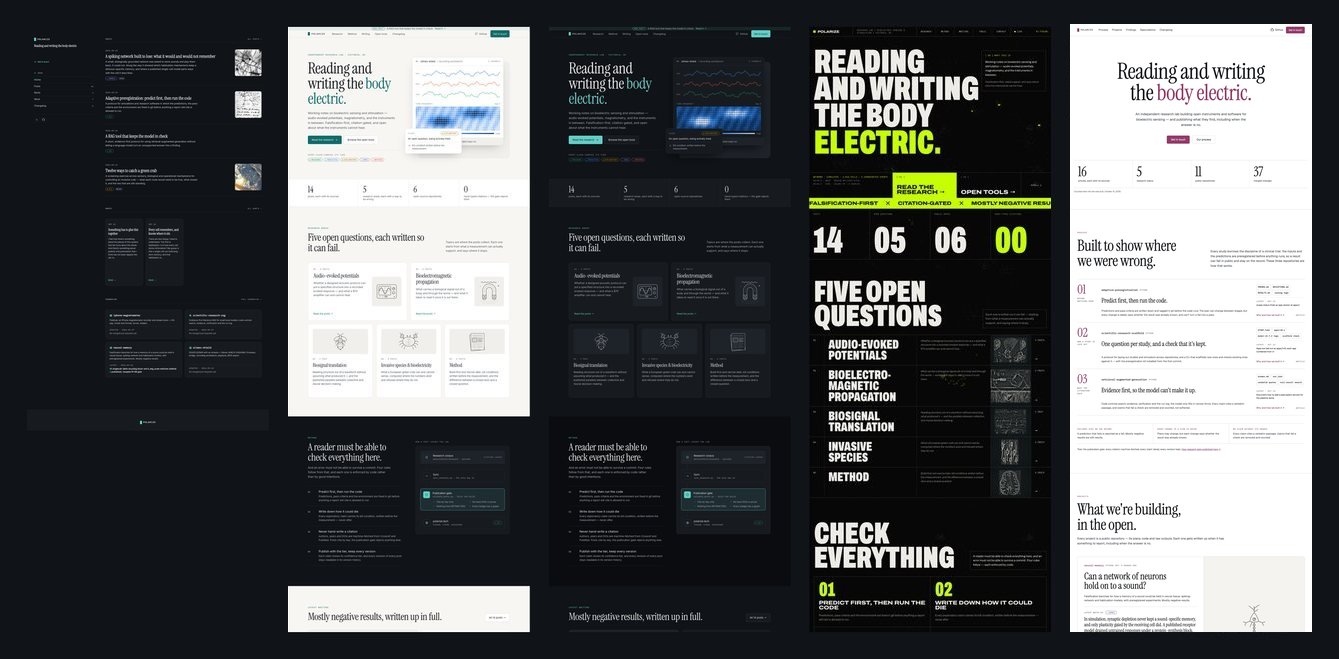 The top of the homepage versions side by side: the old post list, the light version, the dark version, the no-rules version and the current white page with magenta buttons.
