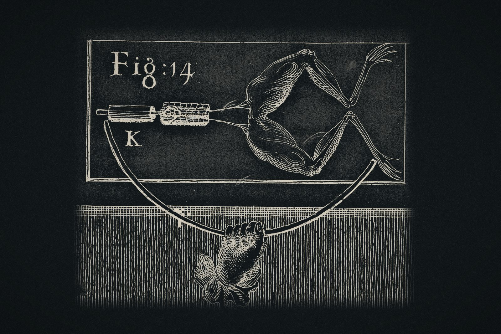 Historical drawing: Galvani's frog legs connected by a metal arc, the experiment behind animal electricity.